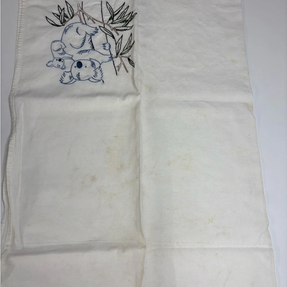 Embroidered Koala Cotton Hand Towels - White with Green & Blue Accents